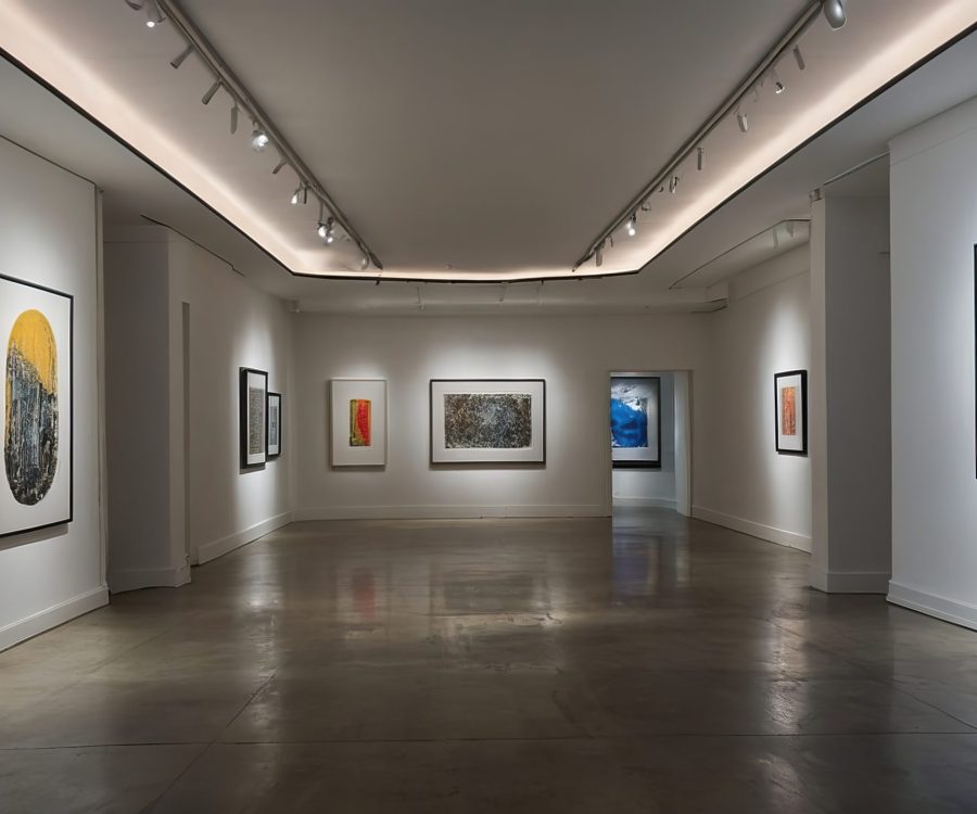 A minimalistic art gallery showcasing contemporary artwork with curved walls and ambient lighting